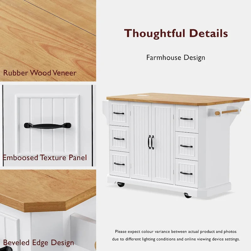 Drop-Leaf Kitchen Island Cart with Drawers – White / Black, 1-Person Use