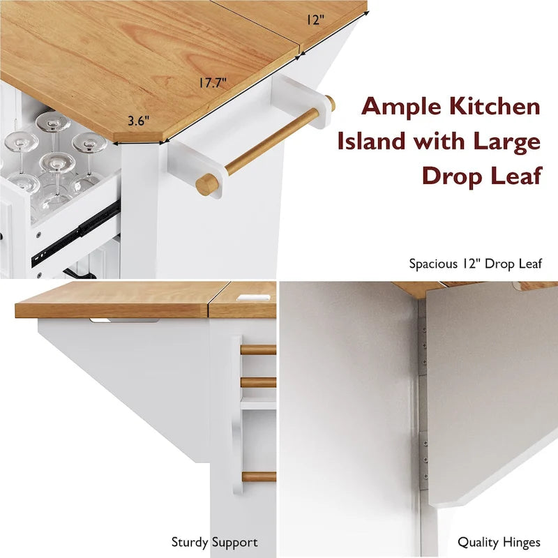 Drop-Leaf Kitchen Island Cart with Drawers – White / Black, 1-Person Use