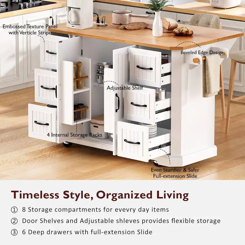 Drop-Leaf Kitchen Island Cart with Drawers – White / Black, 1-Person Use