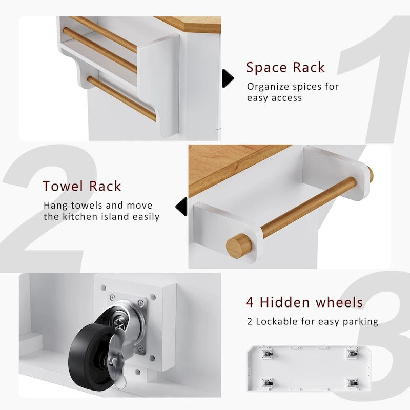 Drop-Leaf Kitchen Island Cart with Drawers – White / Black, 1-Person Use