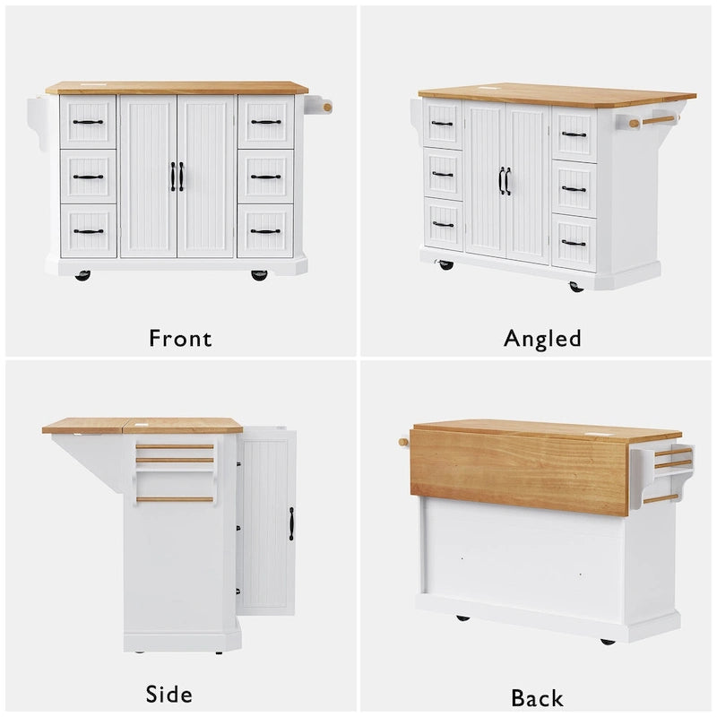 Drop-Leaf Kitchen Island Cart with Drawers – White / Black, 1-Person Use
