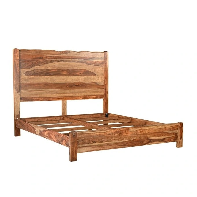 King Solid Sheesham Wood Bed Frame with Live Edge Panel Headboard and Footboard – Brown, 2-Person Use