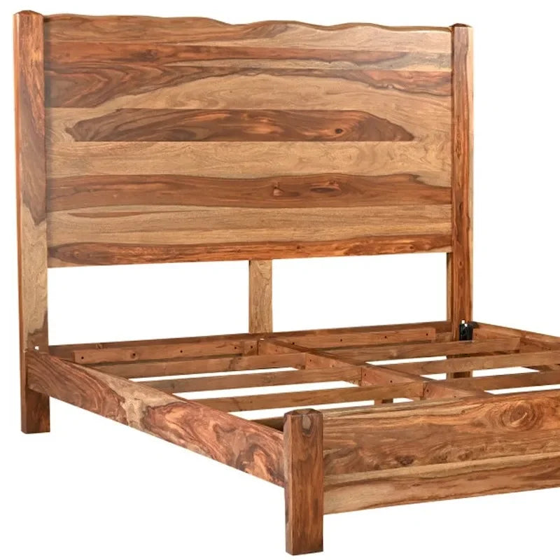 King Solid Sheesham Wood Bed Frame with Live Edge Panel Headboard and Footboard – Brown, 2-Person Use