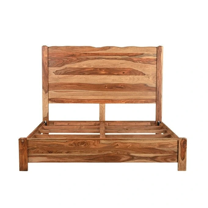 King Solid Sheesham Wood Bed Frame with Live Edge Panel Headboard and Footboard – Brown, 2-Person Use