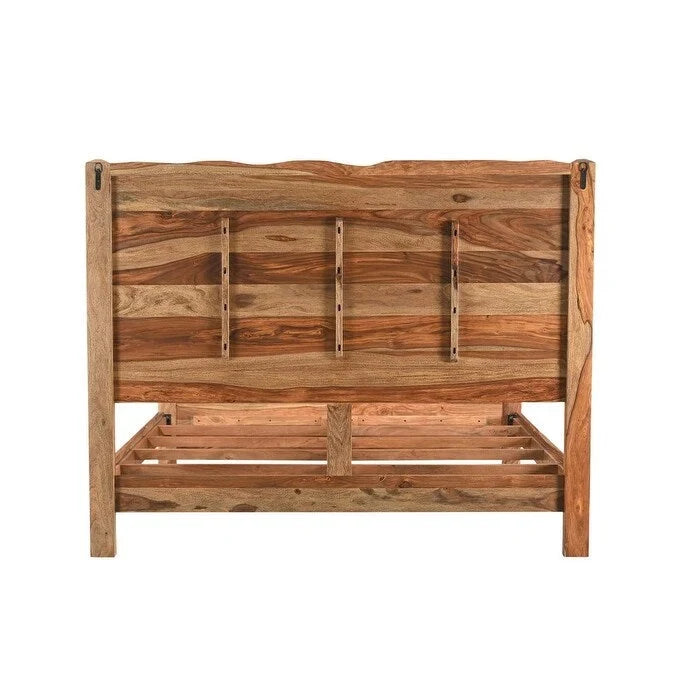 King Solid Sheesham Wood Bed Frame with Live Edge Panel Headboard and Footboard – Brown, 2-Person Use