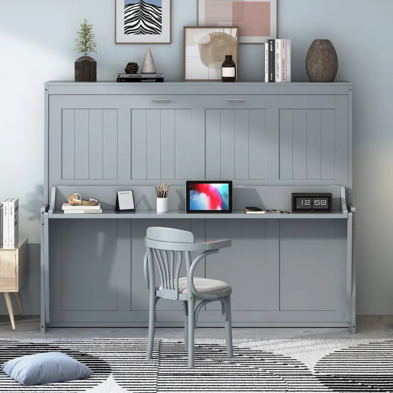 Wall Murphy Bed with Fold-Down Hydraulic Desk – White / Grey, Full / Queen, 1-2 Person Use