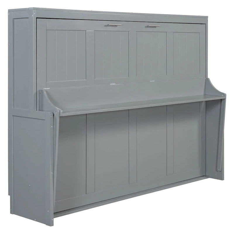 Wall Murphy Bed with Fold-Down Hydraulic Desk – White / Grey, Full / Queen, 1-2 Person Use