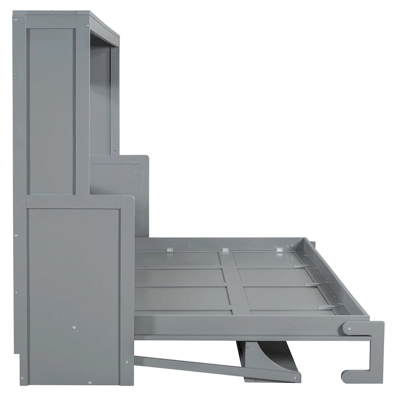 Wall Murphy Bed with Fold-Down Hydraulic Desk – White / Grey, Full / Queen, 1-2 Person Use