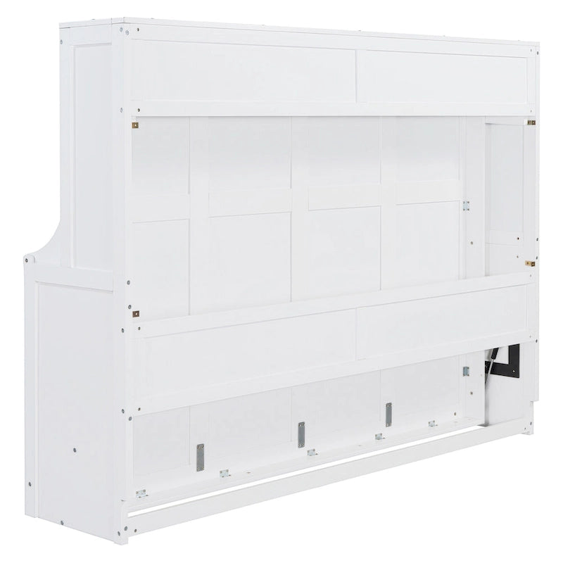 Wall Murphy Bed with Fold-Down Hydraulic Desk – White / Grey, Full / Queen, 1-2 Person Use