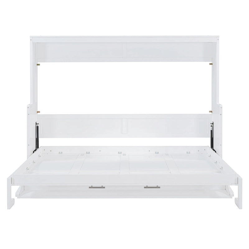 Wall Murphy Bed with Fold-Down Hydraulic Desk – White / Grey, Full / Queen, 1-2 Person Use