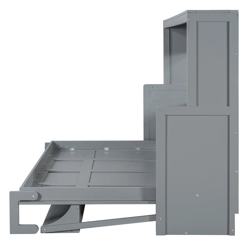 Wall Murphy Bed with Fold-Down Hydraulic Desk – White / Grey, Full / Queen, 1-2 Person Use