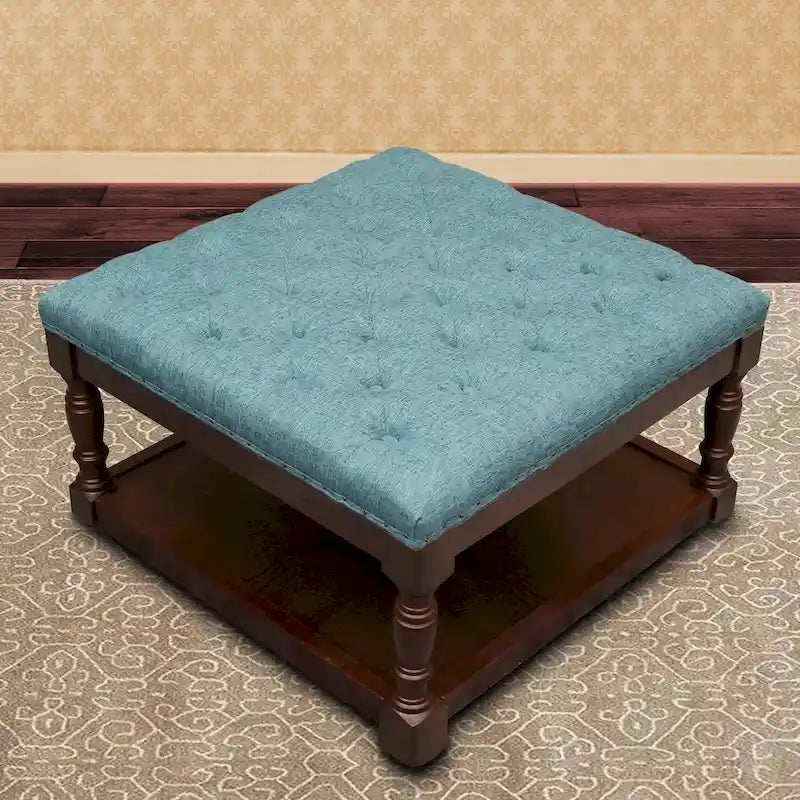 Button-Tufted Linen Ottoman with Lower Shelf – Light Gray / Blue / Dark Gray / Cream / Gray, 1-Person Use