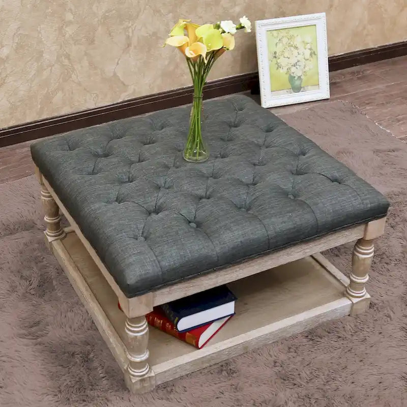 Button-Tufted Linen Ottoman with Lower Shelf – Light Gray / Blue / Dark Gray / Cream / Gray, 1-Person Use