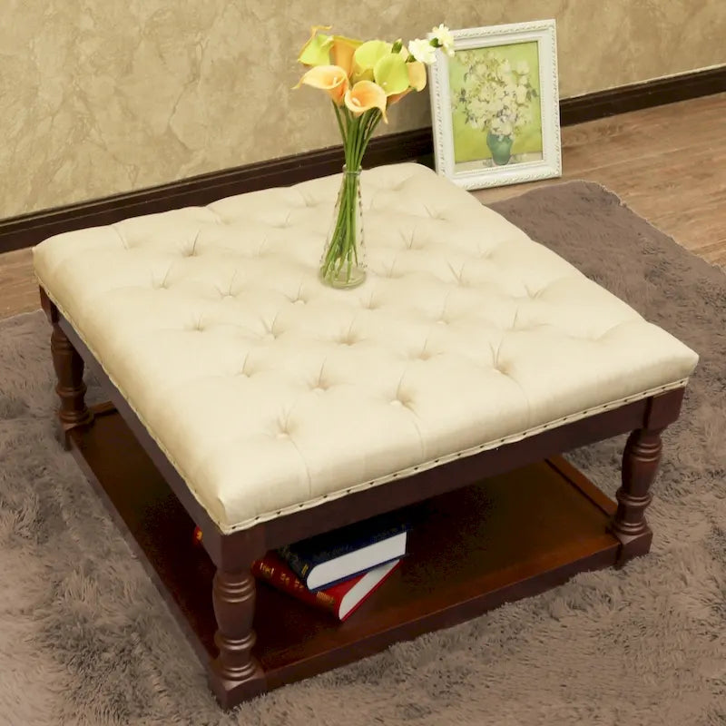 Button-Tufted Linen Ottoman with Lower Shelf – Light Gray / Blue / Dark Gray / Cream / Gray, 1-Person Use