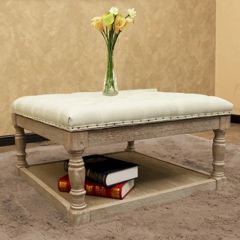 Button-Tufted Linen Ottoman with Lower Shelf – Light Gray / Blue / Dark Gray / Cream / Gray, 1-Person Use