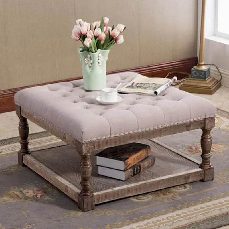 Button-Tufted Linen Ottoman with Lower Shelf – Light Gray / Blue / Dark Gray / Cream / Gray, 1-Person Use