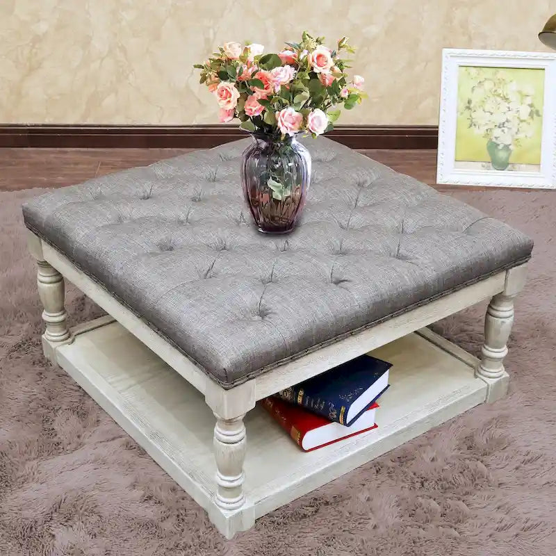Button-Tufted Linen Ottoman with Lower Shelf – Light Gray / Blue / Dark Gray / Cream / Gray, 1-Person Use