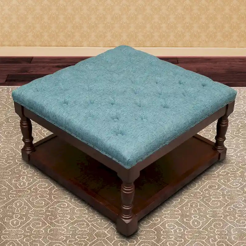 Button-Tufted Linen Ottoman with Lower Shelf – Light Gray / Blue / Dark Gray / Cream / Gray, 1-Person Use