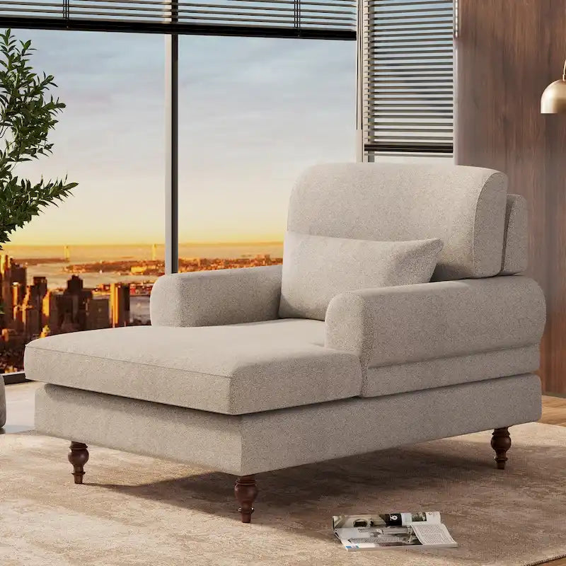 Oversized Chaise Lounge Chair with Adjustable Backrest – Off White / Grey, 1-Person Use