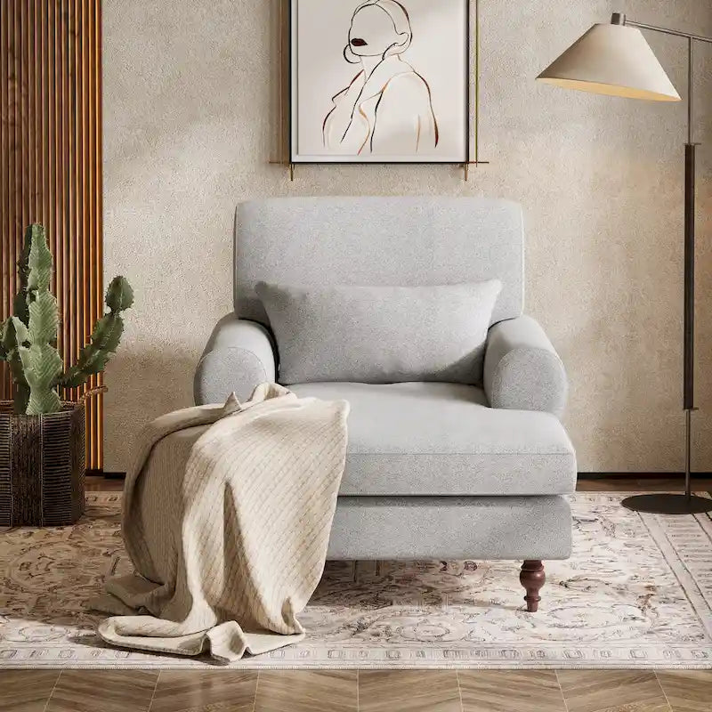 Oversized Chaise Lounge Chair with Adjustable Backrest – Off White / Grey, 1-Person Use