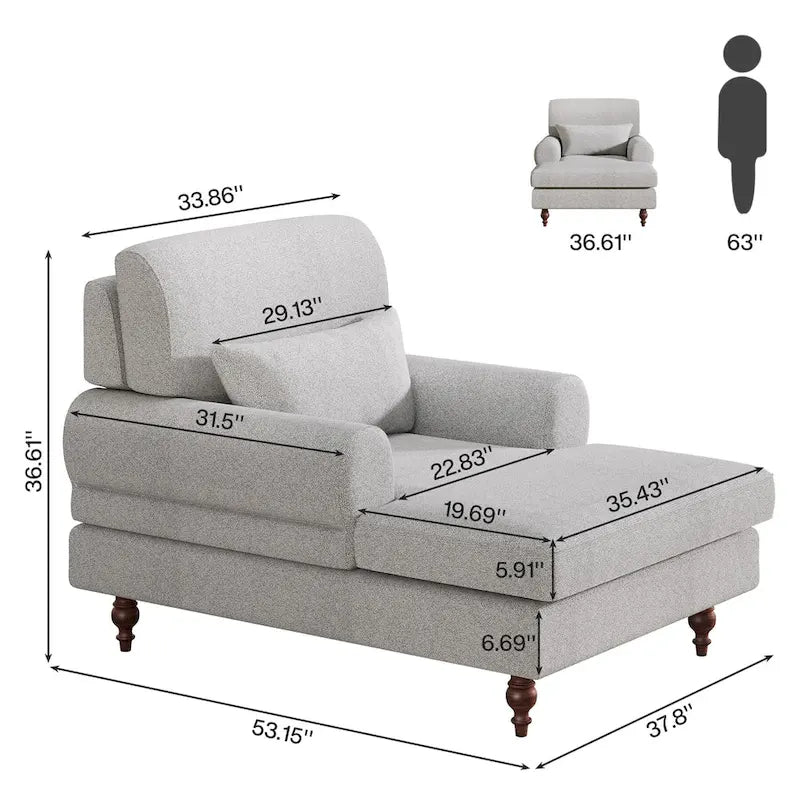 Oversized Chaise Lounge Chair with Adjustable Backrest – Off White / Grey, 1-Person Use