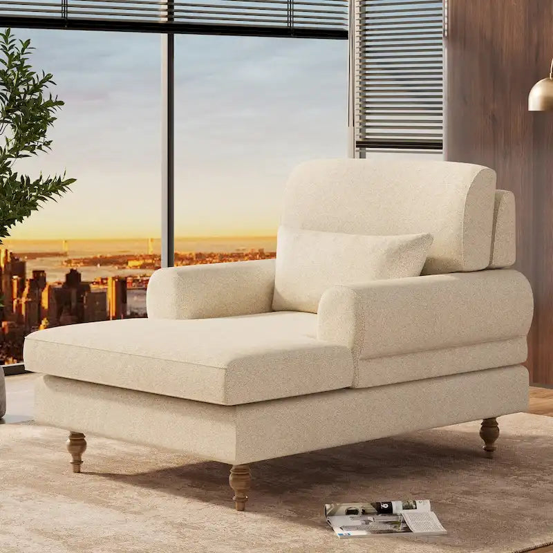 Oversized Chaise Lounge Chair with Adjustable Backrest – Off White / Grey, 1-Person Use