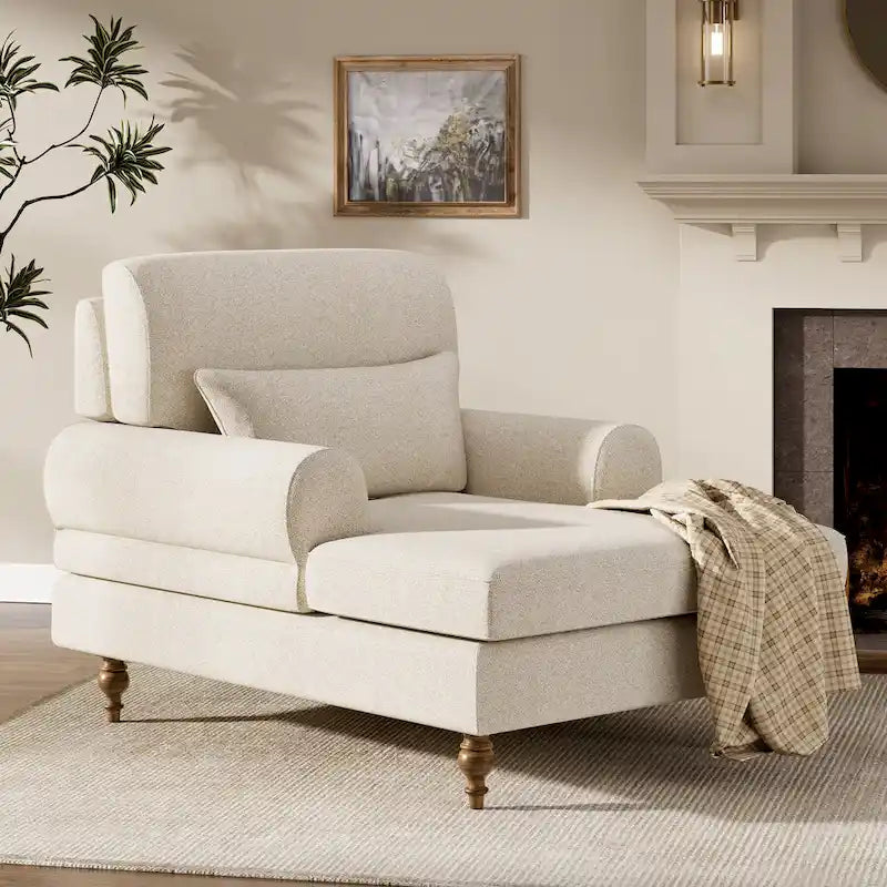 Oversized Chaise Lounge Chair with Adjustable Backrest – Off White / Grey, 1-Person Use