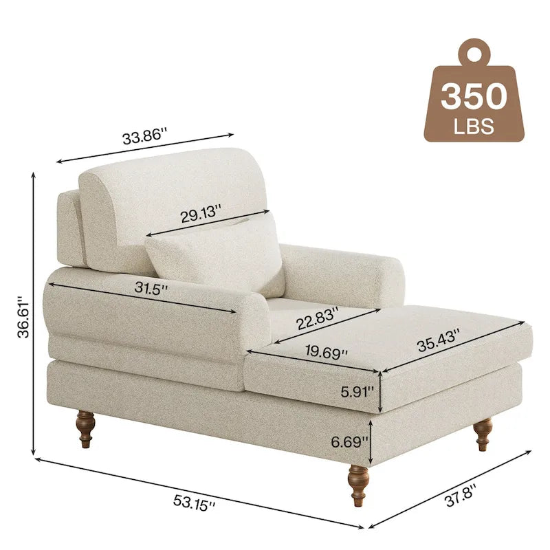 Oversized Chaise Lounge Chair with Adjustable Backrest – Off White / Grey, 1-Person Use