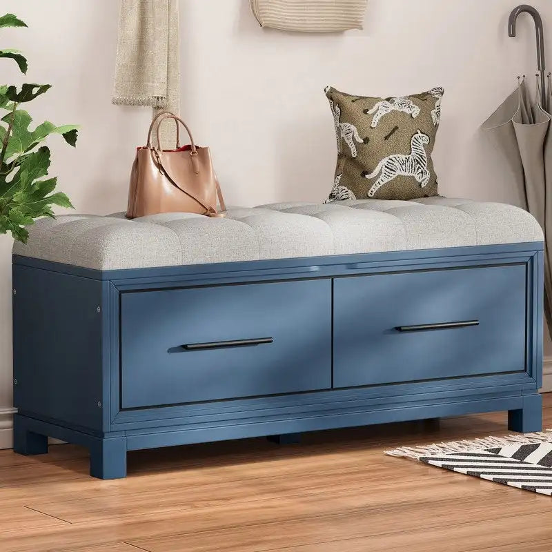 Shoe Bench with Removable Cushion, Hidden Storage and Safety Hinge – Navy Blue / Natural / White / Espresso, 1-2 Person Use