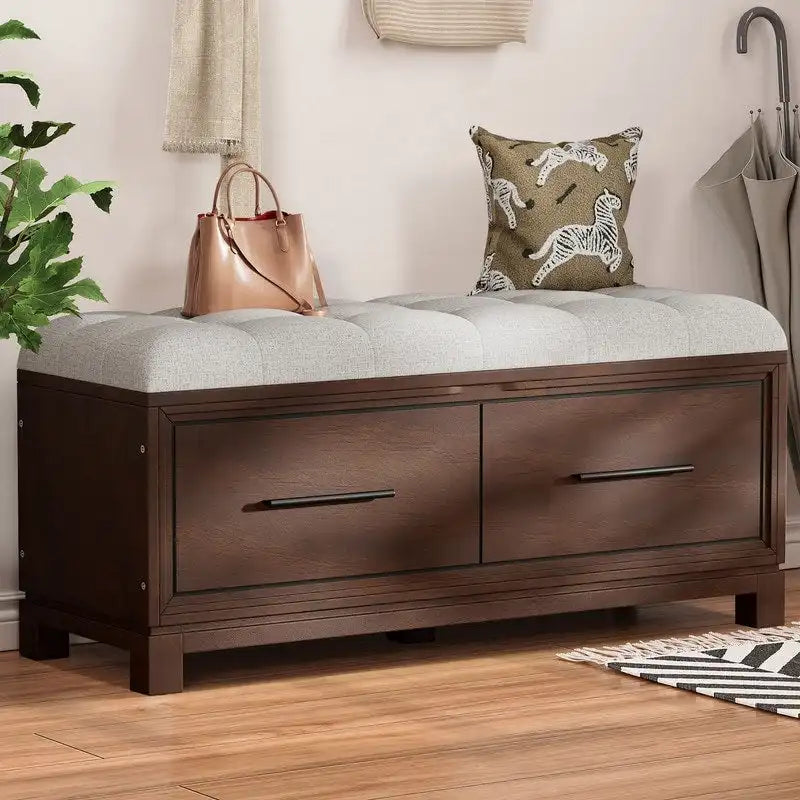Shoe Bench with Removable Cushion, Hidden Storage and Safety Hinge – Navy Blue / Natural / White / Espresso, 1-2 Person Use