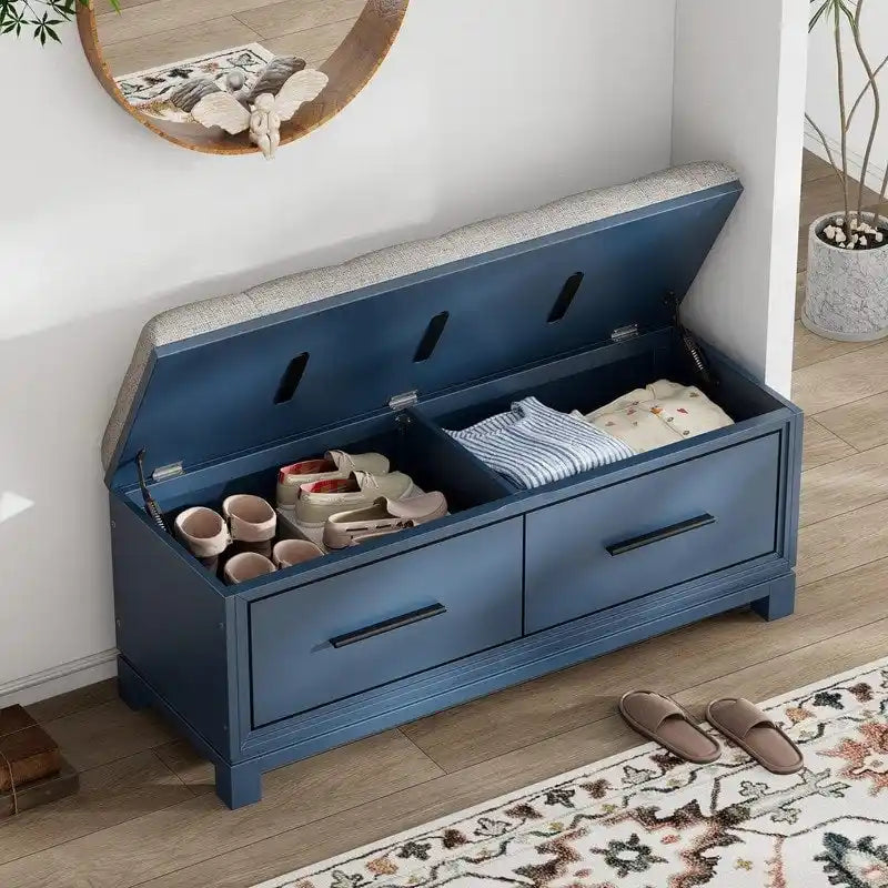 Shoe Bench with Removable Cushion, Hidden Storage and Safety Hinge – Navy Blue / Natural / White / Espresso, 1-2 Person Use