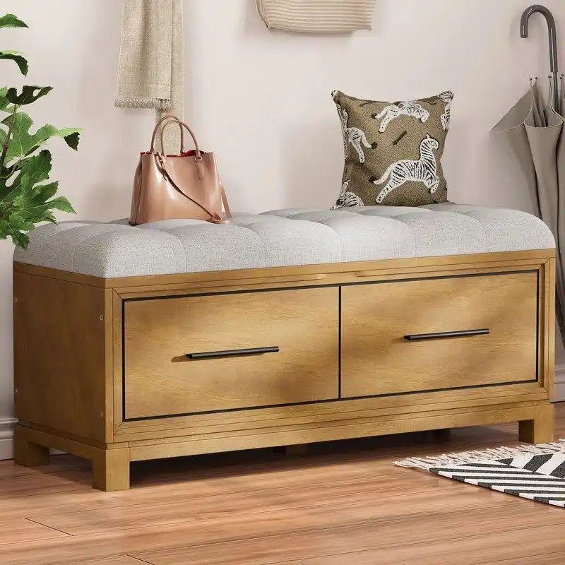 Shoe Bench with Removable Cushion, Hidden Storage and Safety Hinge – Navy Blue / Natural / White / Espresso, 1-2 Person Use