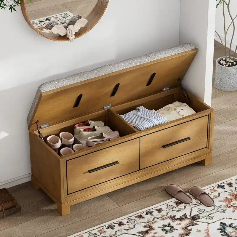 Shoe Bench with Removable Cushion, Hidden Storage and Safety Hinge – Navy Blue / Natural / White / Espresso, 1-2 Person Use