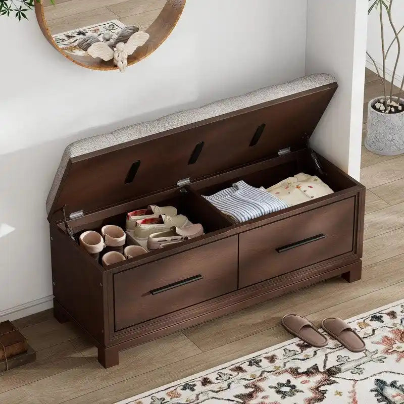 Shoe Bench with Removable Cushion, Hidden Storage and Safety Hinge – Navy Blue / Natural / White / Espresso, 1-2 Person Use