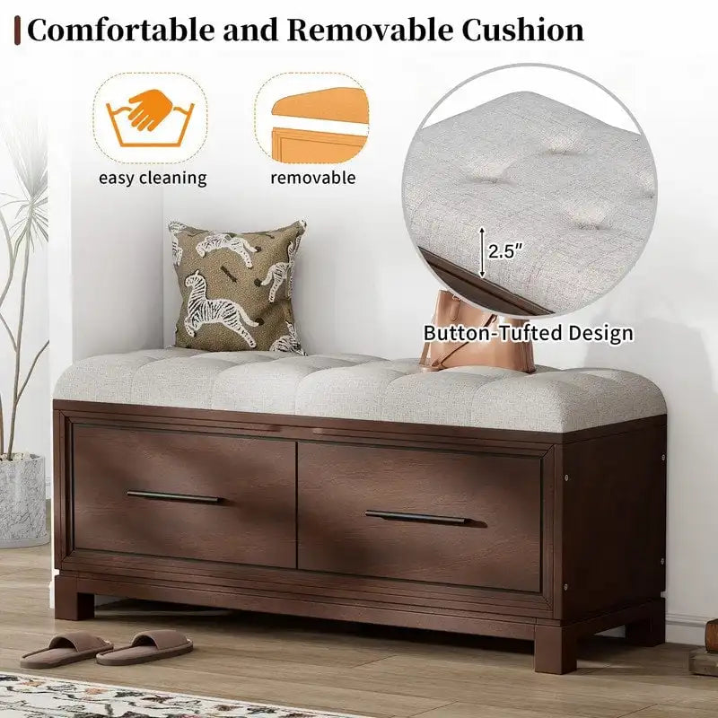 Shoe Bench with Removable Cushion, Hidden Storage and Safety Hinge – Navy Blue / Natural / White / Espresso, 1-2 Person Use