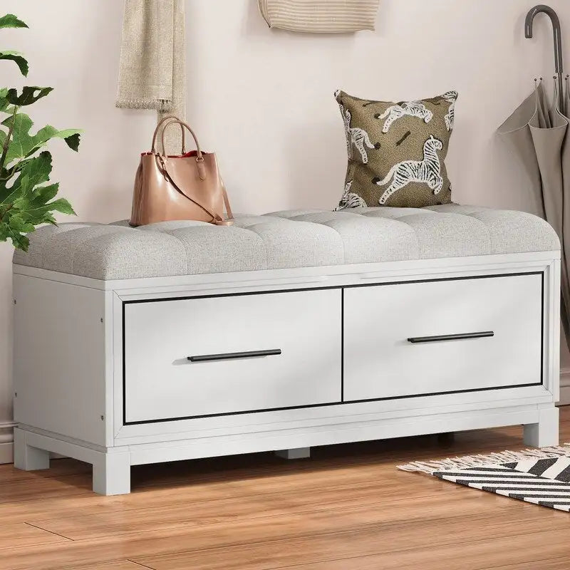Shoe Bench with Removable Cushion, Hidden Storage and Safety Hinge – Navy Blue / Natural / White / Espresso, 1-2 Person Use