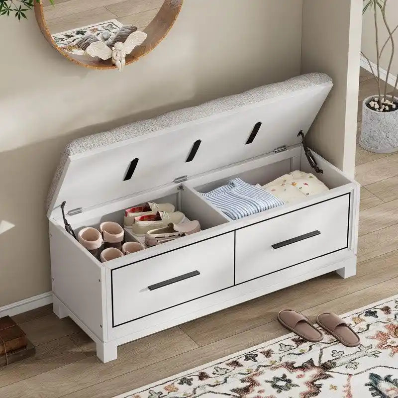 Shoe Bench with Removable Cushion, Hidden Storage and Safety Hinge – Navy Blue / Natural / White / Espresso, 1-2 Person Use