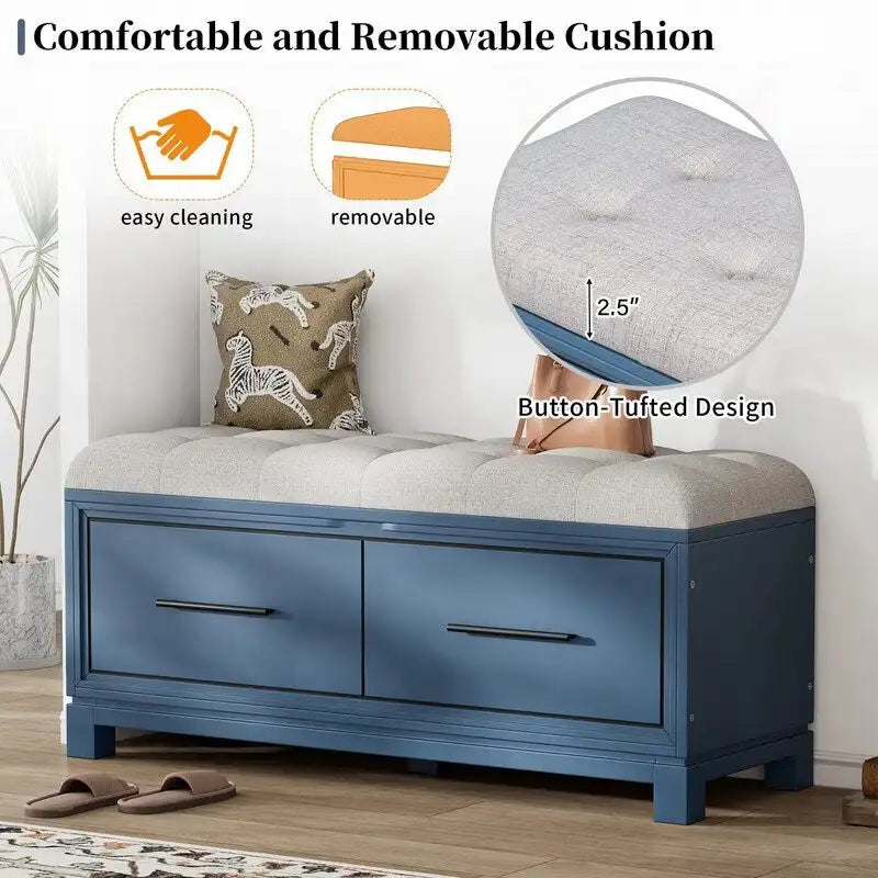 Shoe Bench with Removable Cushion, Hidden Storage and Safety Hinge – Navy Blue / Natural / White / Espresso, 1-2 Person Use
