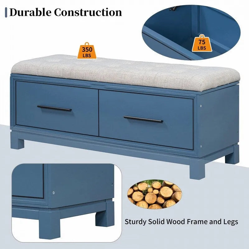 Shoe Bench with Removable Cushion, Hidden Storage and Safety Hinge – Navy Blue / Natural / White / Espresso, 1-2 Person Use