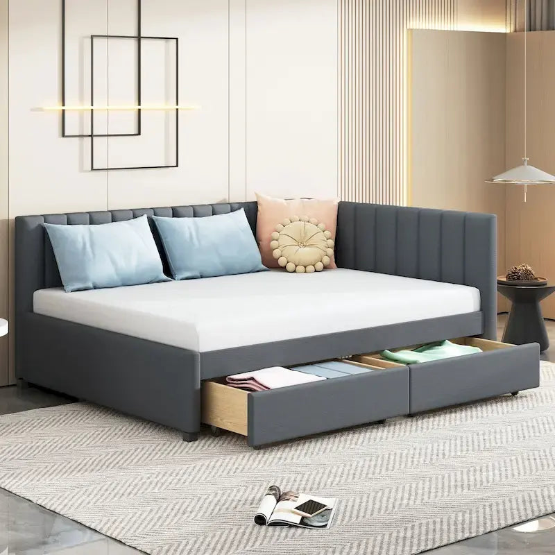 Full-Size Upholstered Daybed with Linen Backrest and 2 Storage Drawers – Gray, 1-Unit