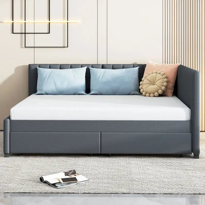 Full-Size Upholstered Daybed with Linen Backrest and 2 Storage Drawers – Gray, 1-Unit