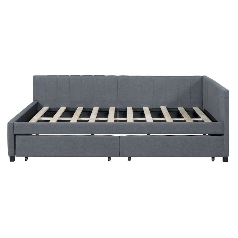 Full-Size Upholstered Daybed with Linen Backrest and 2 Storage Drawers – Gray, 1-Unit