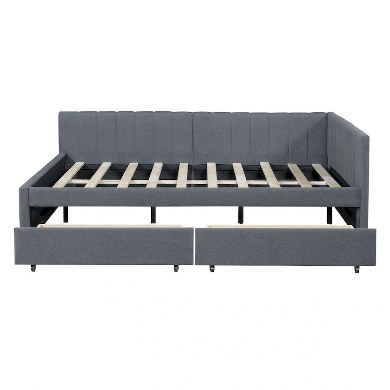 Full-Size Upholstered Daybed with Linen Backrest and 2 Storage Drawers – Gray, 1-Unit