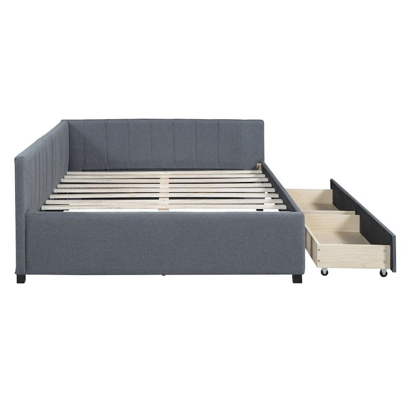 Full-Size Upholstered Daybed with Linen Backrest and 2 Storage Drawers – Gray, 1-Unit