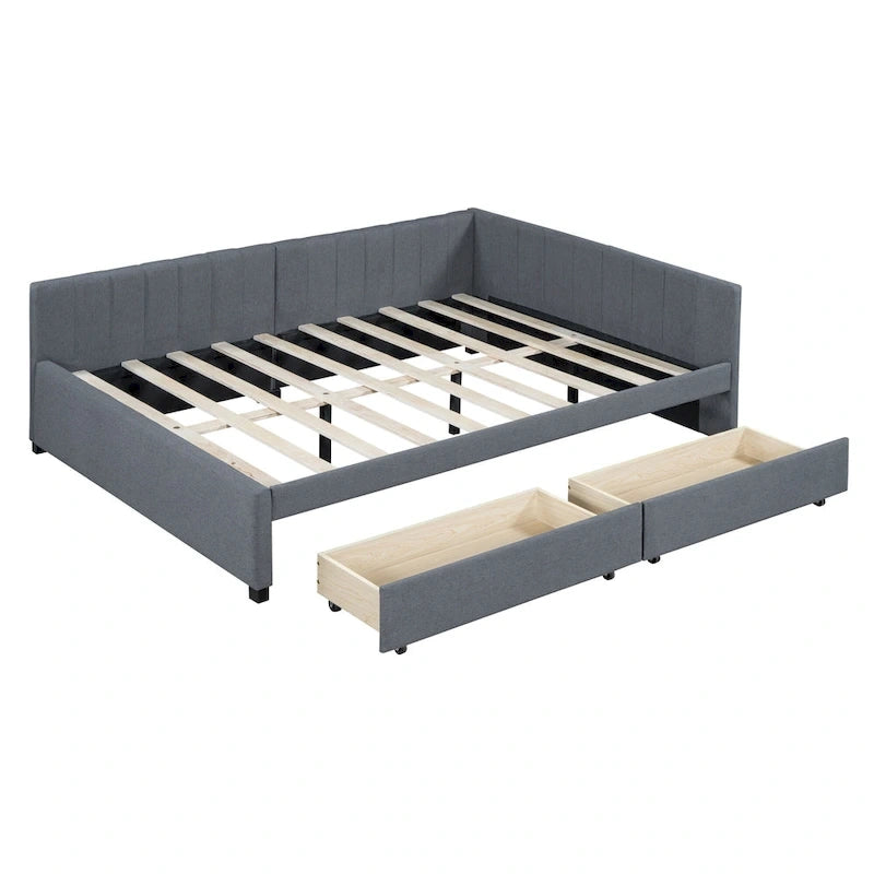 Full-Size Upholstered Daybed with Linen Backrest and 2 Storage Drawers – Gray, 1-Unit