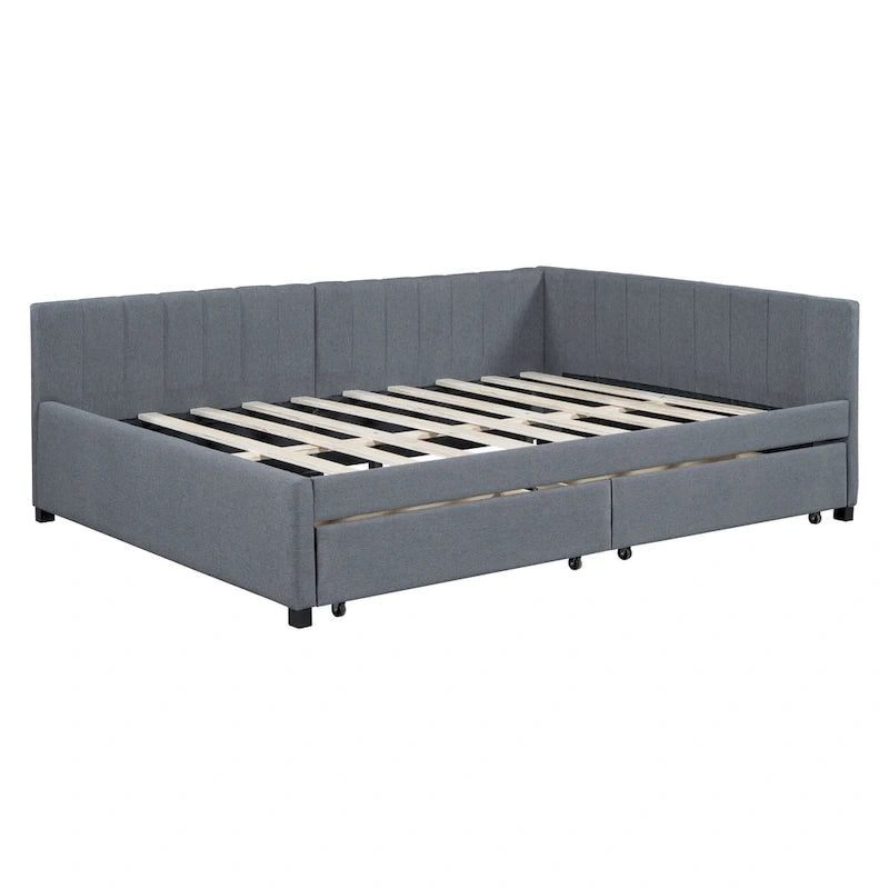 Full-Size Upholstered Daybed with Linen Backrest and 2 Storage Drawers – Gray, 1-Unit