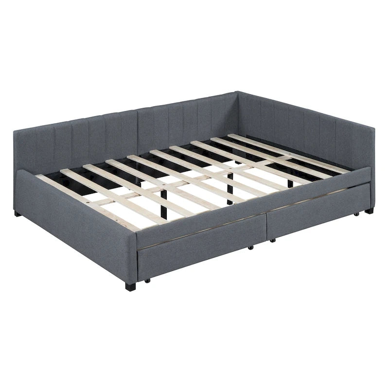 Full-Size Upholstered Daybed with Linen Backrest and 2 Storage Drawers – Gray, 1-Unit