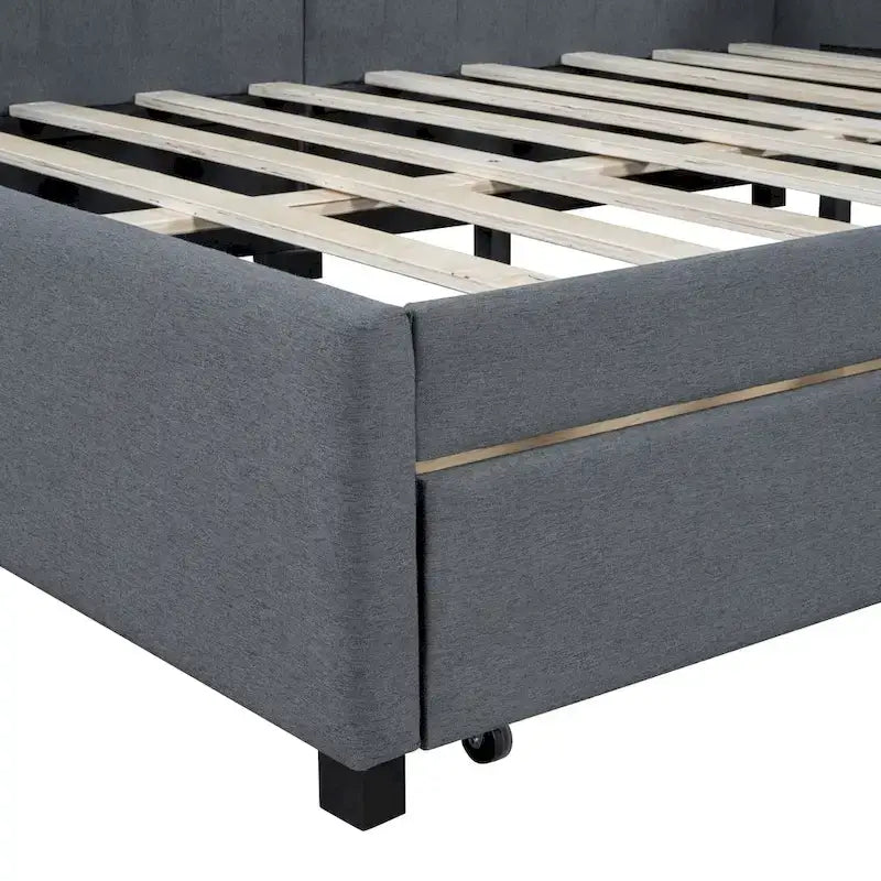 Full-Size Upholstered Daybed with Linen Backrest and 2 Storage Drawers – Gray, 1-Unit