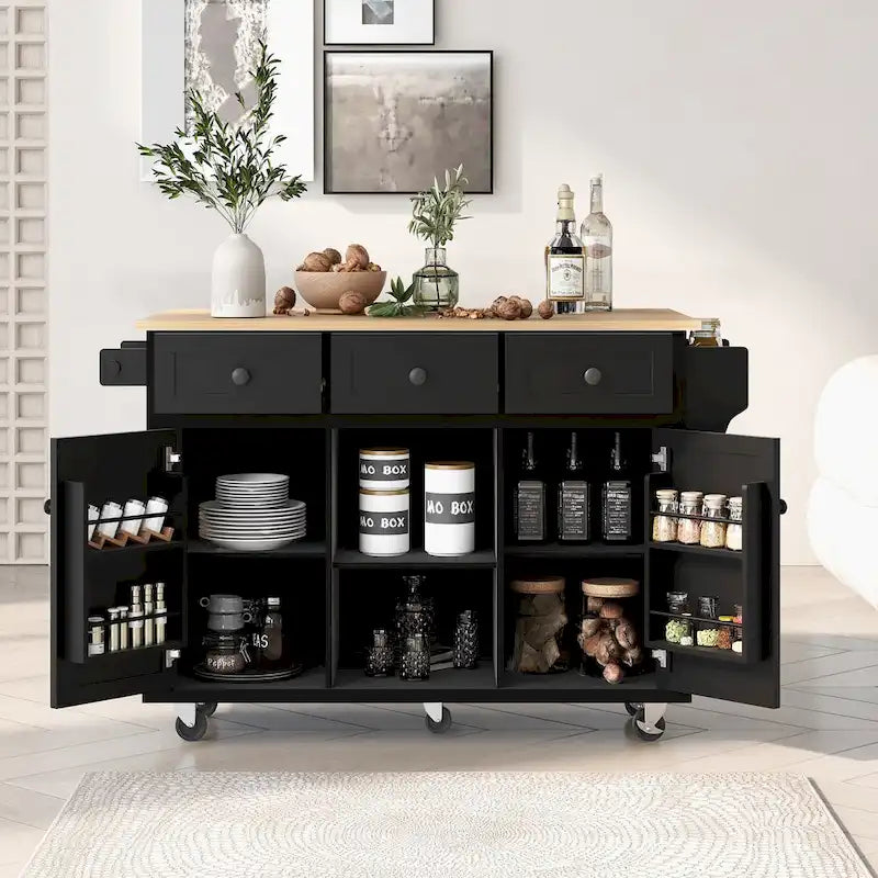 Rolling Kitchen Cart with Drop-Leaf Countertop – Black / Blue / White, 1-Person Use