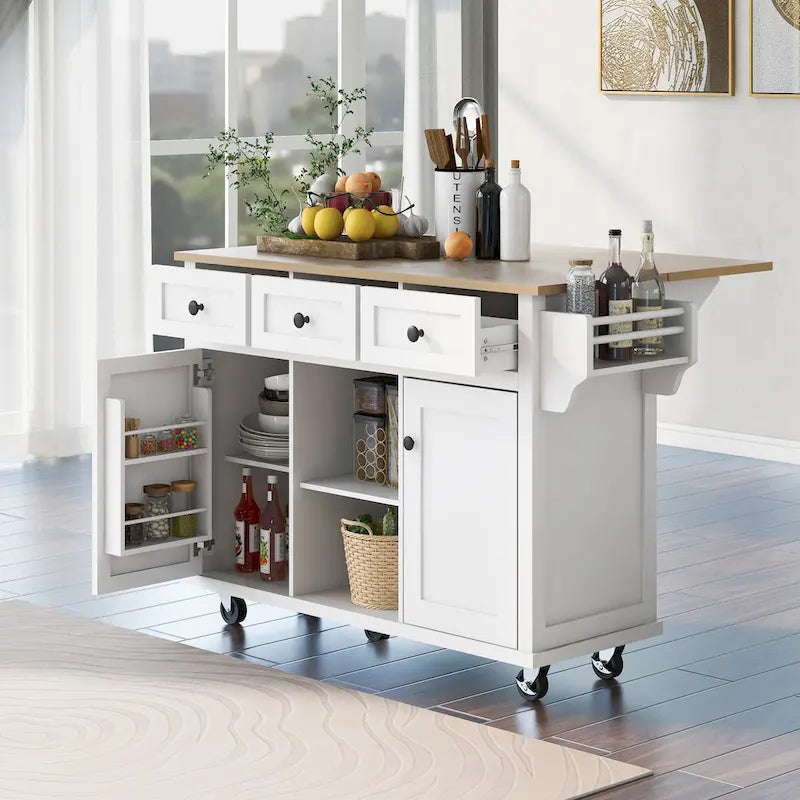 Rolling Kitchen Cart with Drop-Leaf Countertop – Black / Blue / White, 1-Person Use